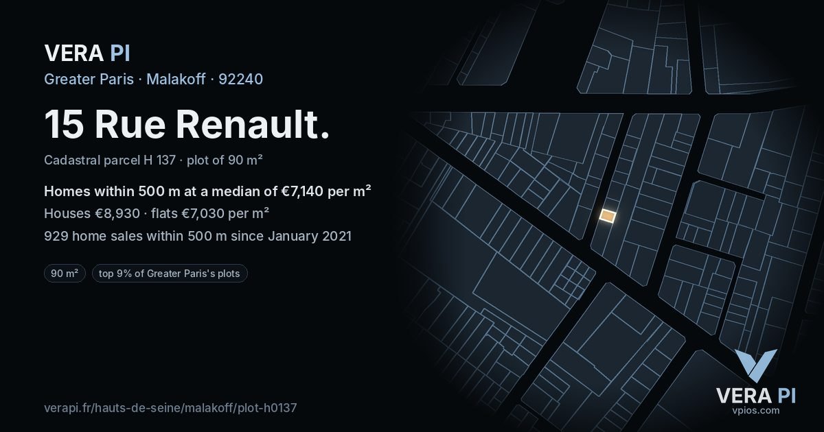 15 Rue Renault, Malakoff at night – the plot lit, the parcels around coloured by the prices near them