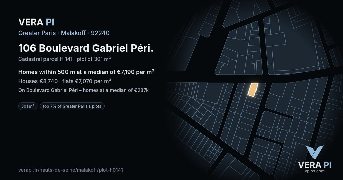 106 Boulevard Gabriel Péri, Malakoff at night – the plot lit, the parcels around coloured by the prices near them