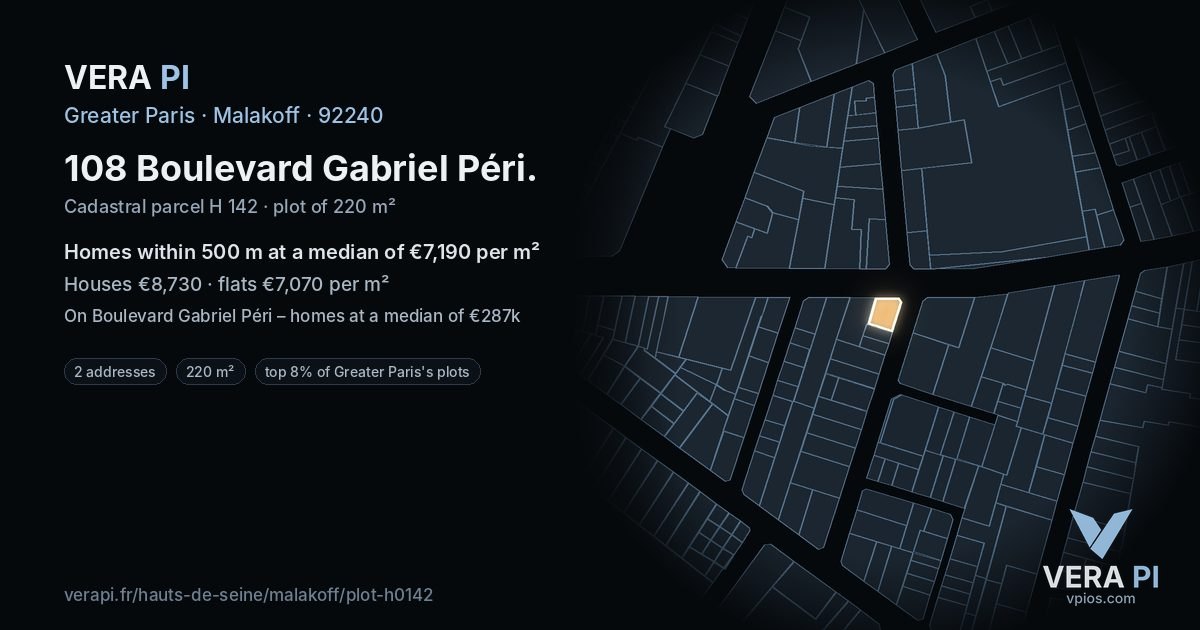 108 Boulevard Gabriel Péri, Malakoff at night – the plot lit, the parcels around coloured by the prices near them