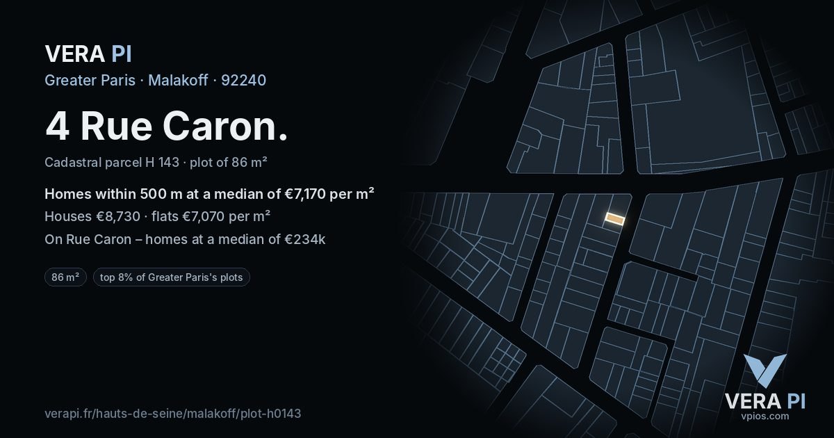 4 Rue Caron, Malakoff at night – the plot lit, the parcels around coloured by the prices near them