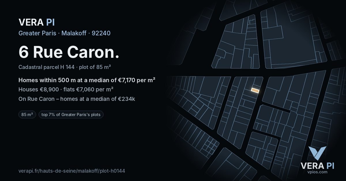 6 Rue Caron, Malakoff at night – the plot lit, the parcels around coloured by the prices near them