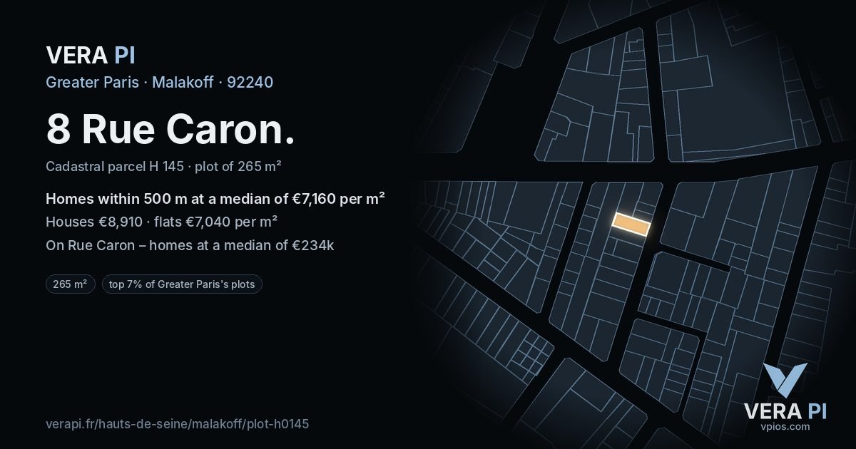 8 Rue Caron, Malakoff at night – the plot lit, the parcels around coloured by the prices near them
