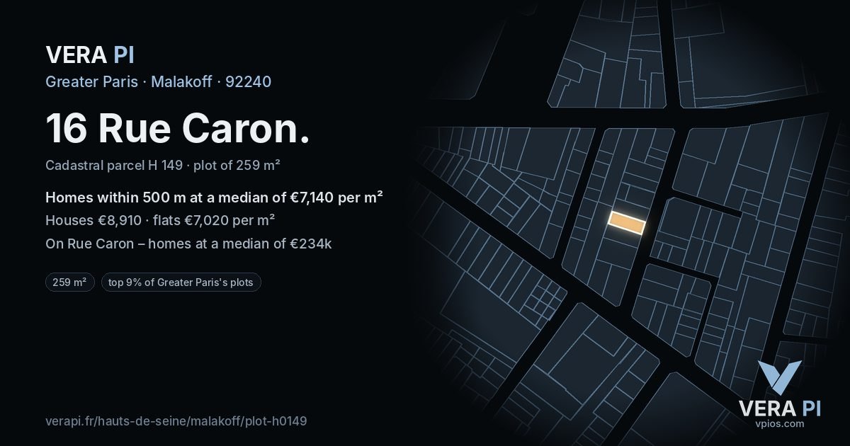 16 Rue Caron, Malakoff at night – the plot lit, the parcels around coloured by the prices near them