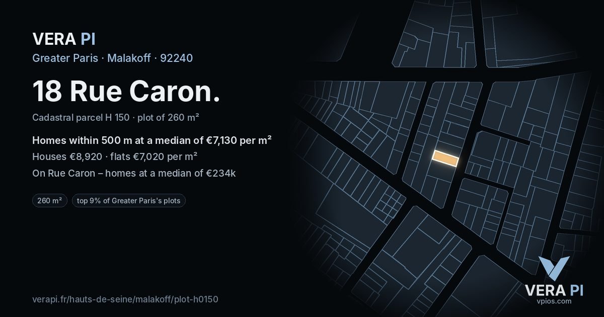 18 Rue Caron, Malakoff at night – the plot lit, the parcels around coloured by the prices near them