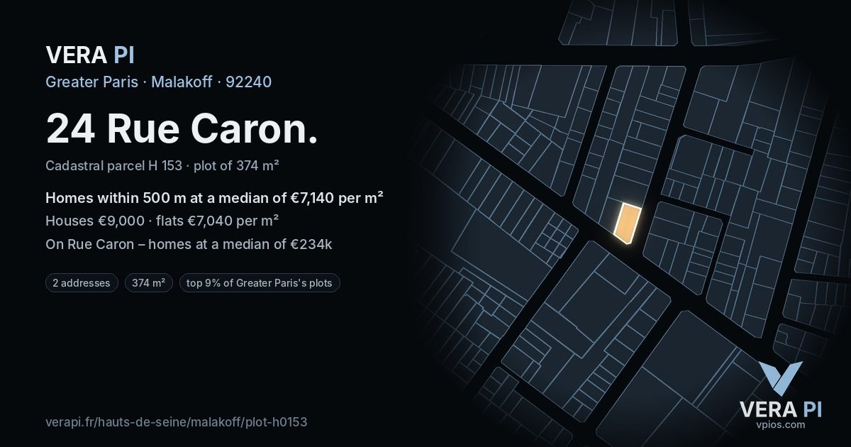 24 Rue Caron, Malakoff at night – the plot lit, the parcels around coloured by the prices near them