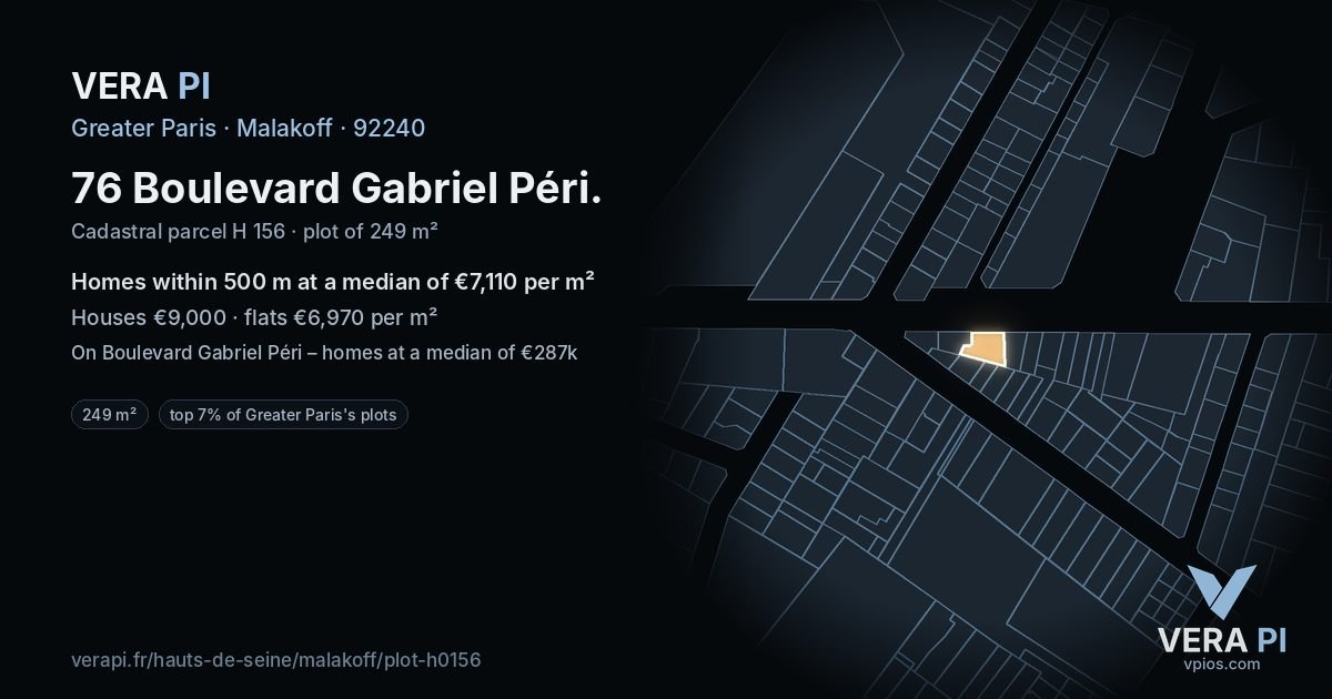 76 Boulevard Gabriel Péri, Malakoff at night – the plot lit, the parcels around coloured by the prices near them