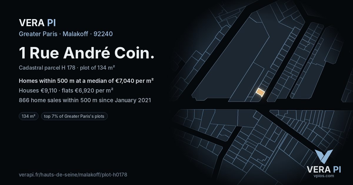 1 Rue André Coin, Malakoff at night – the plot lit, the parcels around coloured by the prices near them