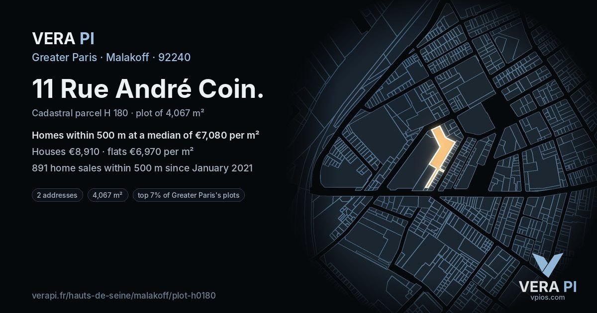 11 Rue André Coin, Malakoff at night – the plot lit, the parcels around coloured by the prices near them