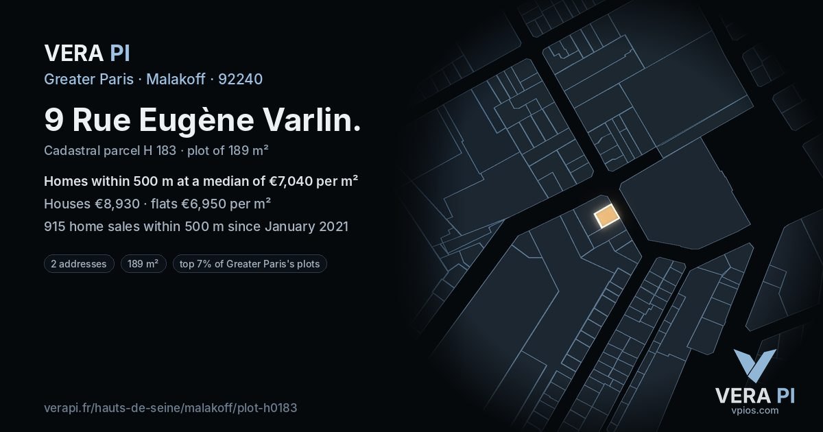 9 Rue Eugène Varlin, Malakoff at night – the plot lit, the parcels around coloured by the prices near them