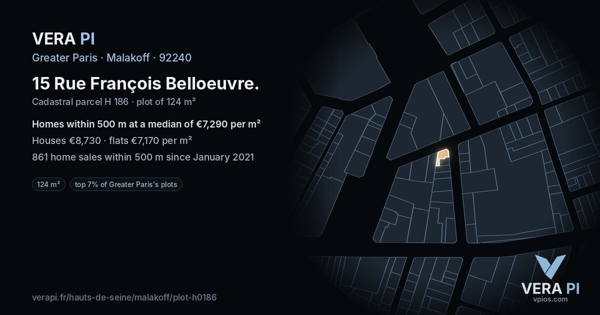 15 Rue François Belloeuvre, Malakoff at night – the plot lit, the parcels around coloured by the prices near them
