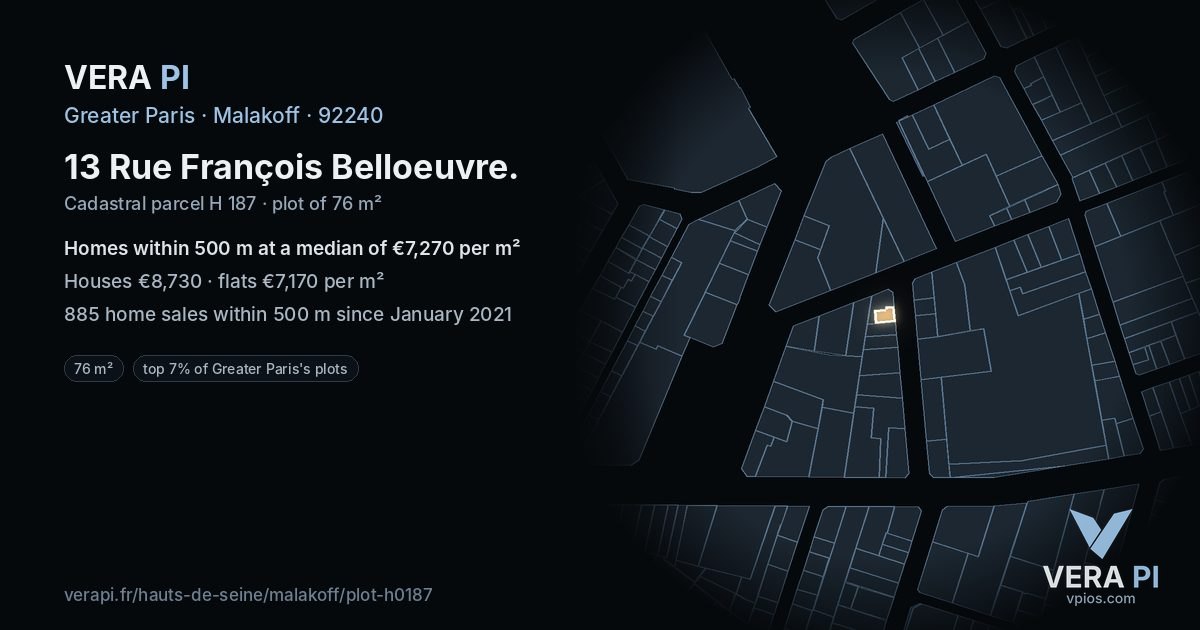 13 Rue François Belloeuvre, Malakoff at night – the plot lit, the parcels around coloured by the prices near them
