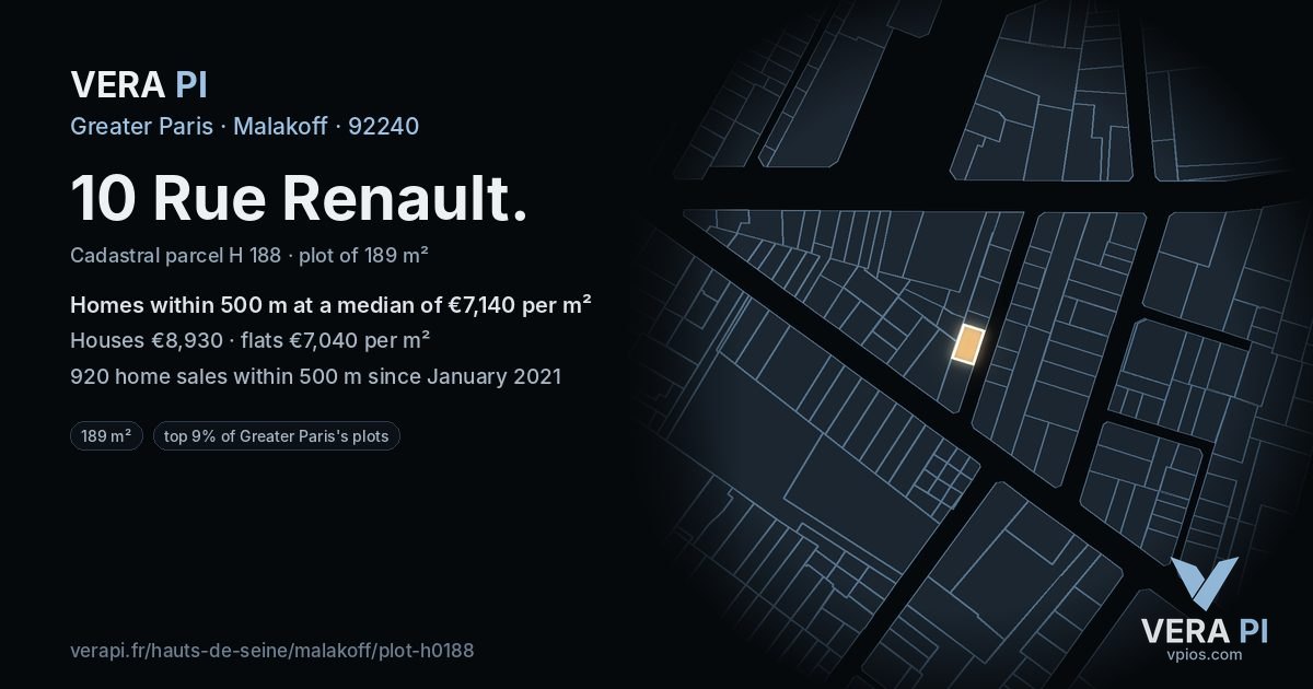 10 Rue Renault, Malakoff at night – the plot lit, the parcels around coloured by the prices near them