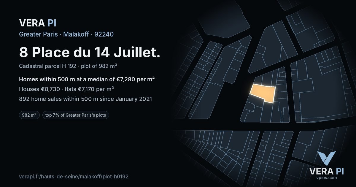 8 Place du 14 Juillet, Malakoff at night – the plot lit, the parcels around coloured by the prices near them