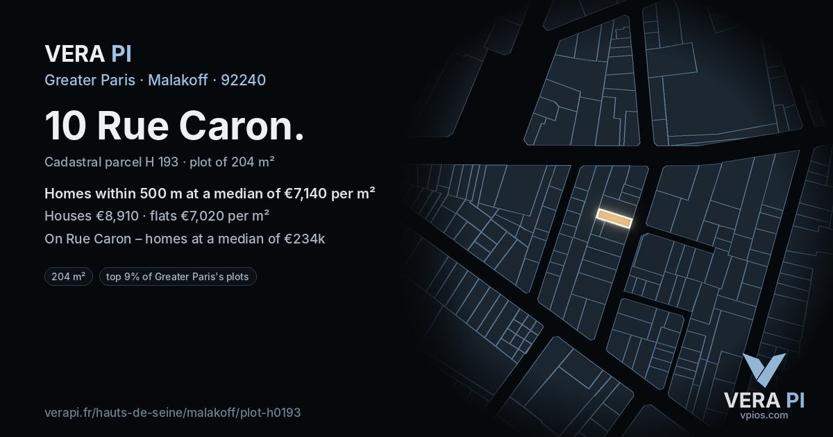 10 Rue Caron, Malakoff at night – the plot lit, the parcels around coloured by the prices near them