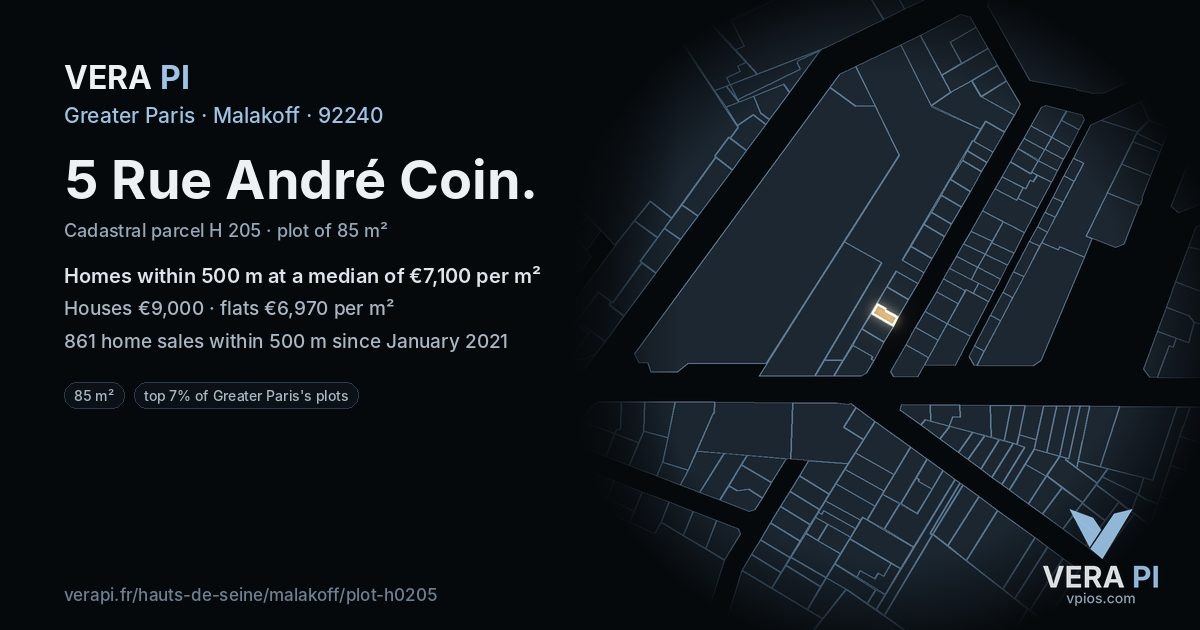 5 Rue André Coin, Malakoff at night – the plot lit, the parcels around coloured by the prices near them