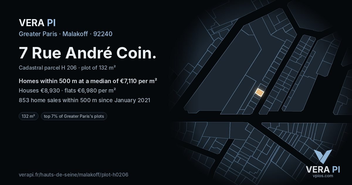 7 Rue André Coin, Malakoff at night – the plot lit, the parcels around coloured by the prices near them