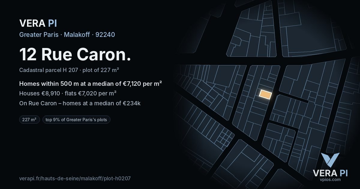12 Rue Caron, Malakoff at night – the plot lit, the parcels around coloured by the prices near them