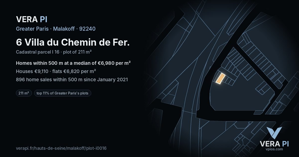 6 Villa du Chemin de Fer, Malakoff at night – the plot lit, the parcels around coloured by the prices near them
