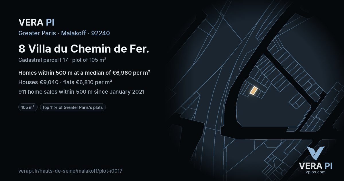 8 Villa du Chemin de Fer, Malakoff at night – the plot lit, the parcels around coloured by the prices near them