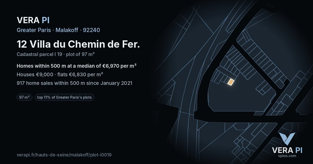 12 Villa du Chemin de Fer, Malakoff at night – the plot lit, the parcels around coloured by the prices near them