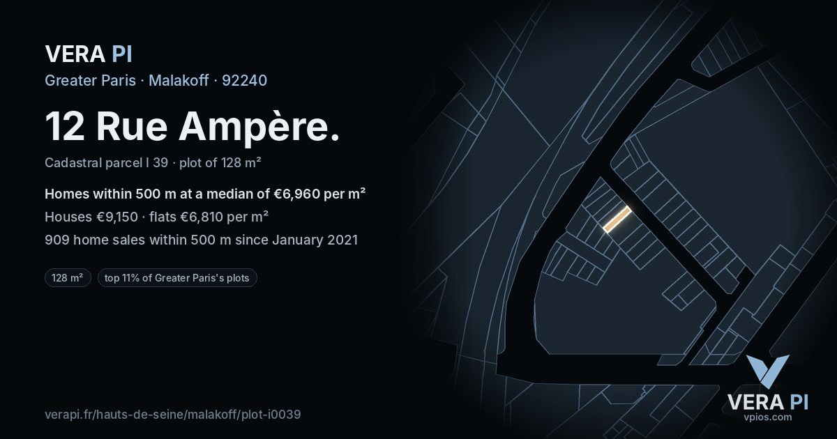 12 Rue Ampère, Malakoff at night – the plot lit, the parcels around coloured by the prices near them