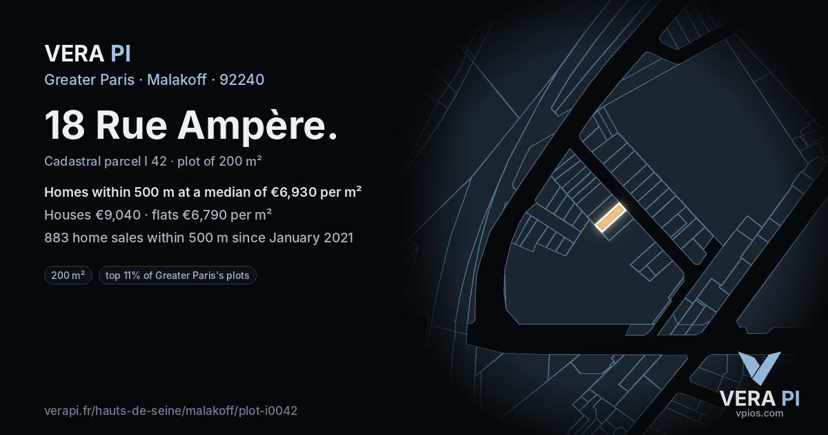 18 Rue Ampère, Malakoff at night – the plot lit, the parcels around coloured by the prices near them
