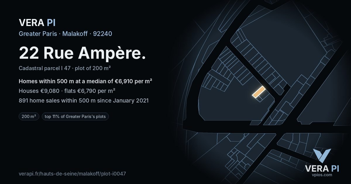 22 Rue Ampère, Malakoff at night – the plot lit, the parcels around coloured by the prices near them