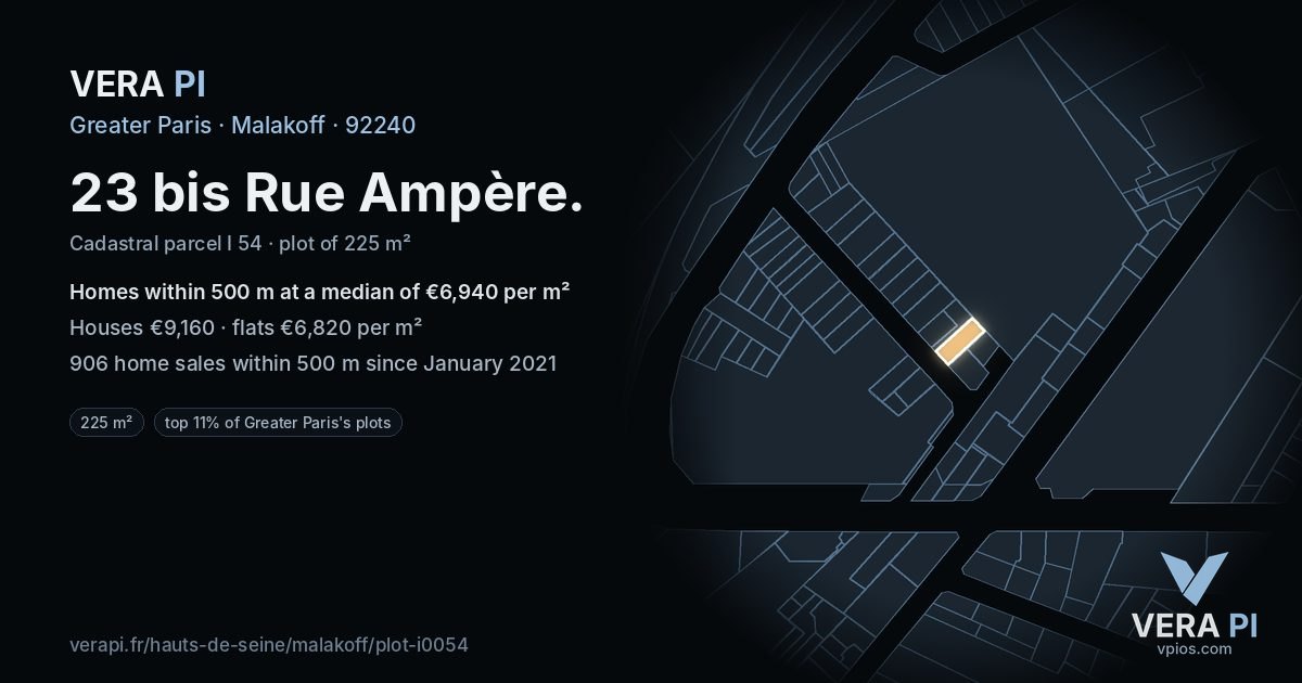 23 bis Rue Ampère, Malakoff at night – the plot lit, the parcels around coloured by the prices near them
