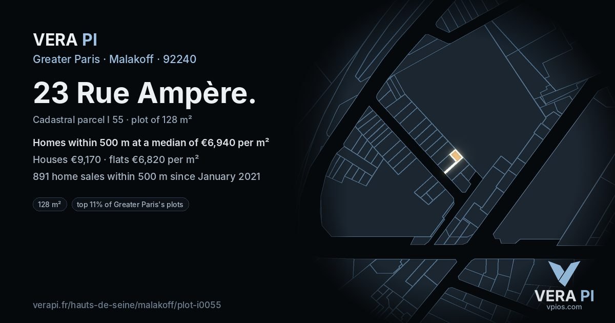 23 Rue Ampère, Malakoff at night – the plot lit, the parcels around coloured by the prices near them