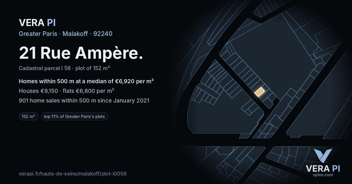 21 Rue Ampère, Malakoff at night – the plot lit, the parcels around coloured by the prices near them