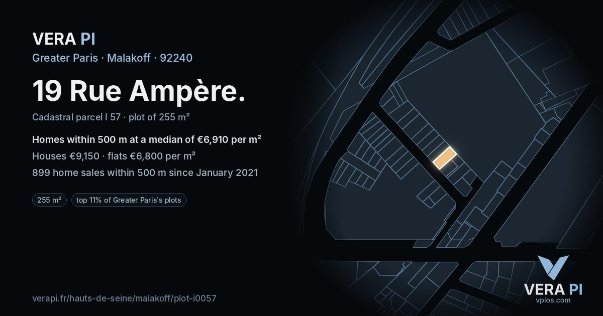 19 Rue Ampère, Malakoff at night – the plot lit, the parcels around coloured by the prices near them