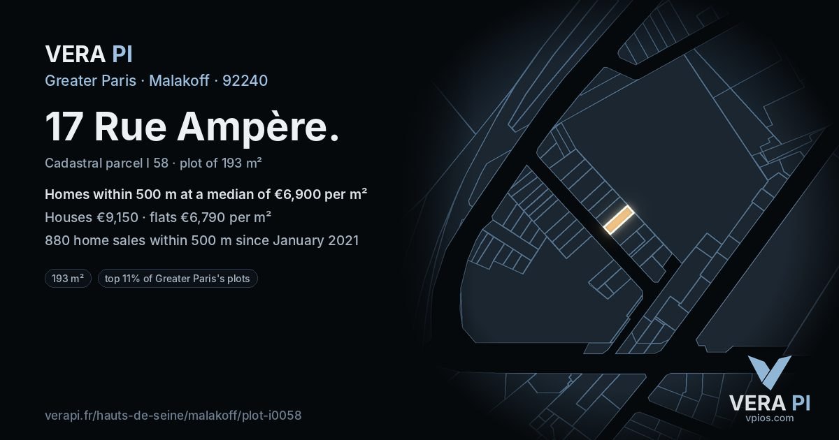 17 Rue Ampère, Malakoff at night – the plot lit, the parcels around coloured by the prices near them