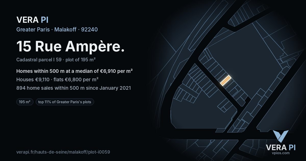 15 Rue Ampère, Malakoff at night – the plot lit, the parcels around coloured by the prices near them
