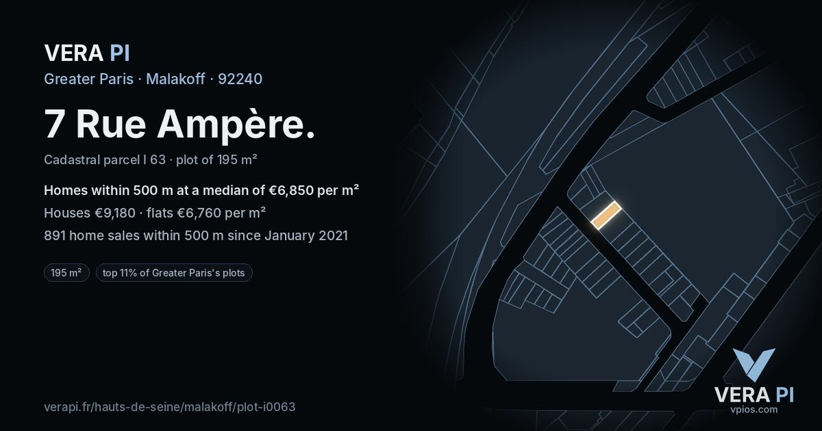 7 Rue Ampère, Malakoff at night – the plot lit, the parcels around coloured by the prices near them