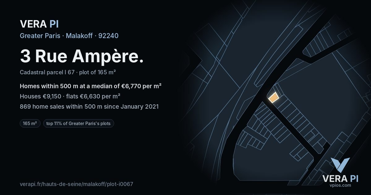 3 Rue Ampère, Malakoff at night – the plot lit, the parcels around coloured by the prices near them