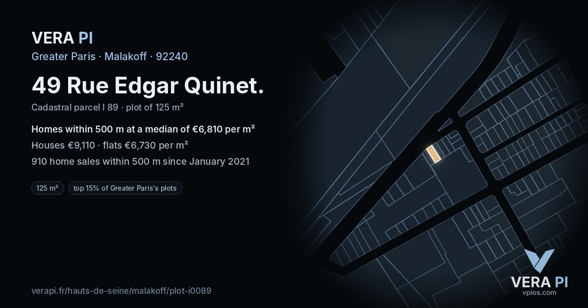 49 Rue Edgar Quinet, Malakoff at night – the plot lit, the parcels around coloured by the prices near them