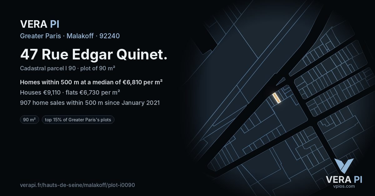 47 Rue Edgar Quinet, Malakoff at night – the plot lit, the parcels around coloured by the prices near them
