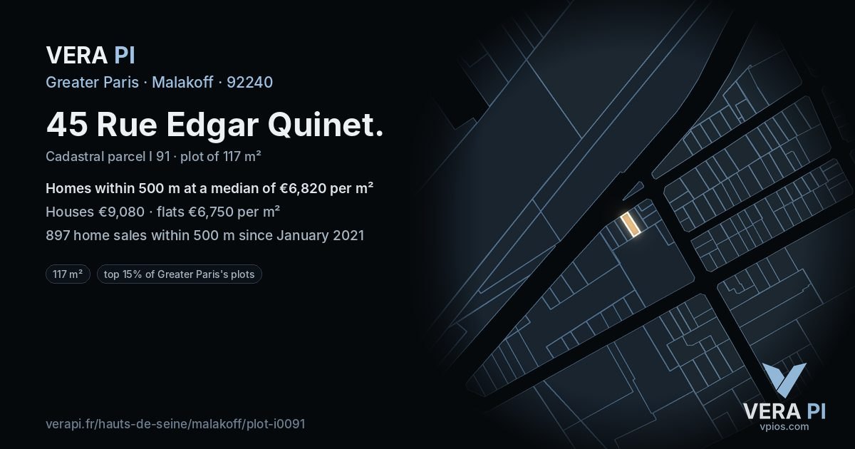 45 Rue Edgar Quinet, Malakoff at night – the plot lit, the parcels around coloured by the prices near them