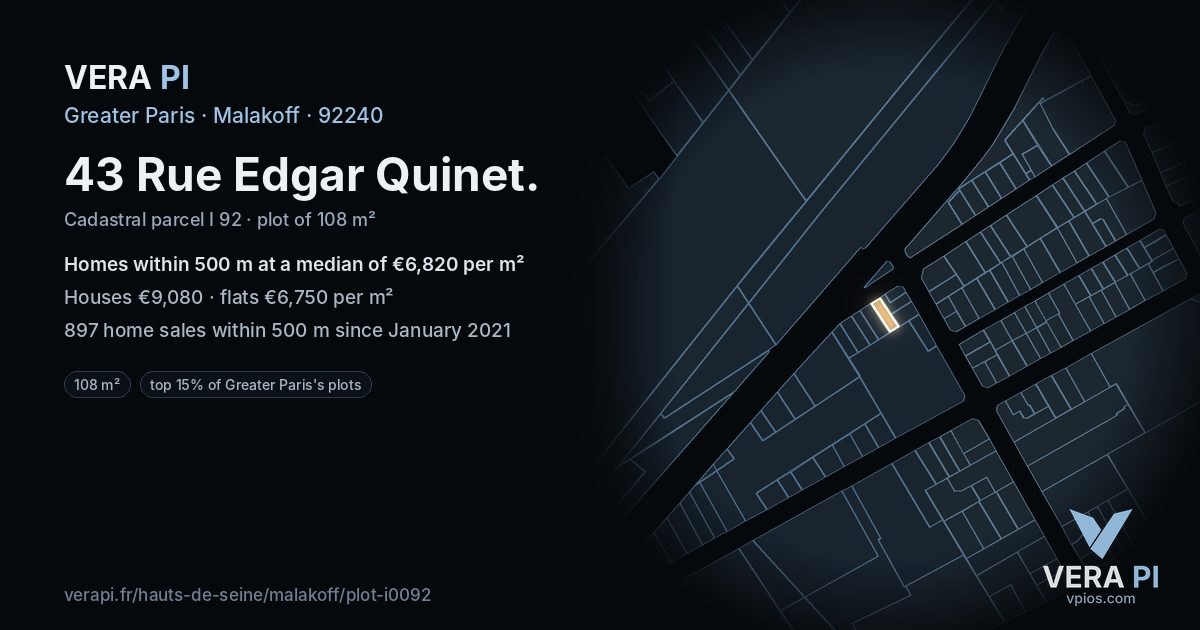 43 Rue Edgar Quinet, Malakoff at night – the plot lit, the parcels around coloured by the prices near them