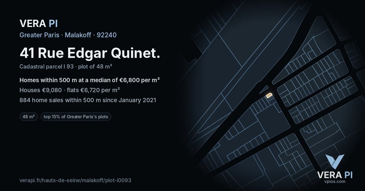 41 Rue Edgar Quinet, Malakoff at night – the plot lit, the parcels around coloured by the prices near them