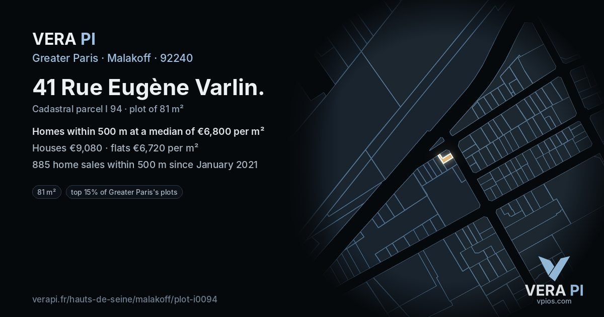 41 Rue Eugène Varlin, Malakoff at night – the plot lit, the parcels around coloured by the prices near them
