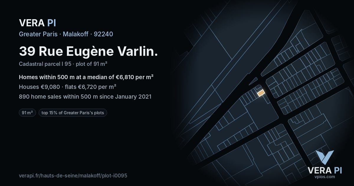 39 Rue Eugène Varlin, Malakoff at night – the plot lit, the parcels around coloured by the prices near them
