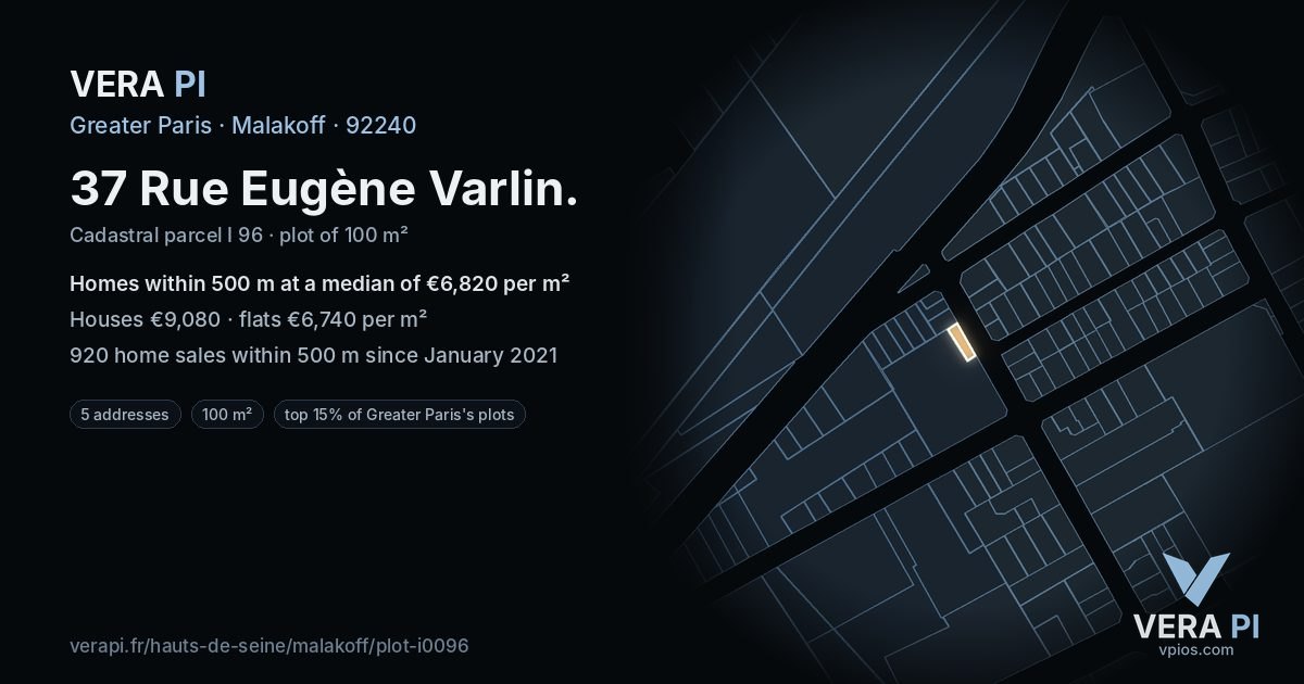 37 Rue Eugène Varlin, Malakoff at night – the plot lit, the parcels around coloured by the prices near them