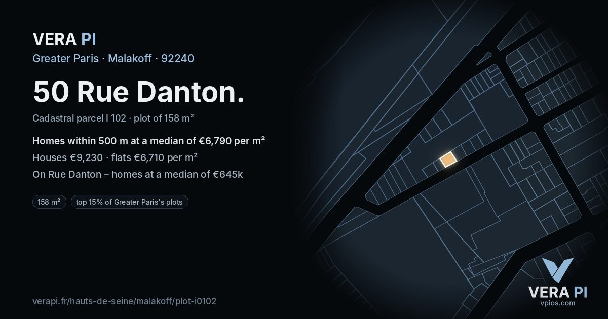 50 Rue Danton, Malakoff at night – the plot lit, the parcels around coloured by the prices near them