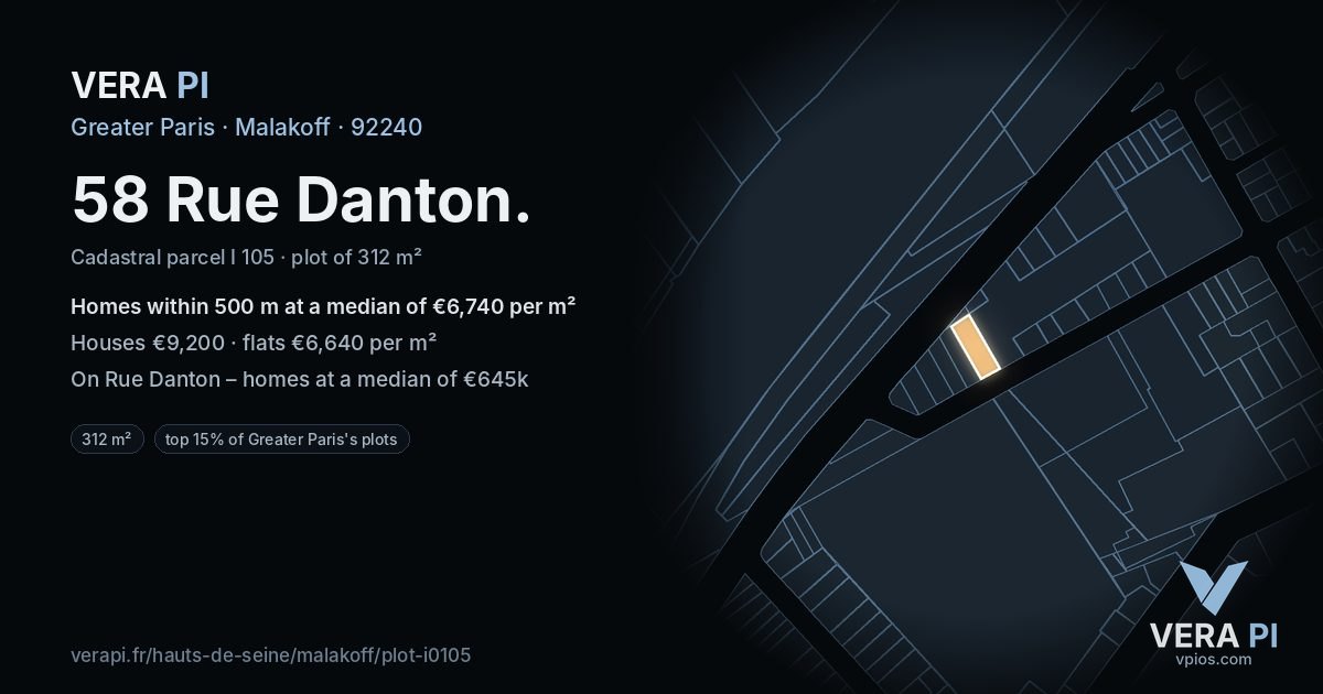 58 Rue Danton, Malakoff at night – the plot lit, the parcels around coloured by the prices near them