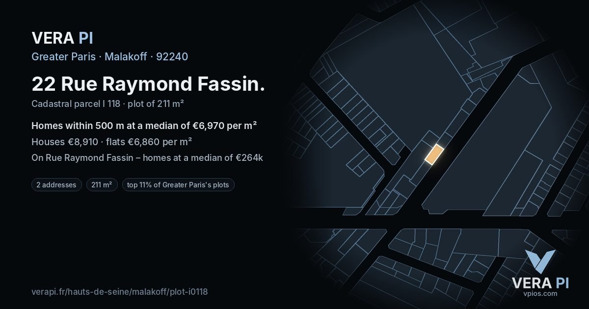 22 Rue Raymond Fassin, Malakoff at night – the plot lit, the parcels around coloured by the prices near them