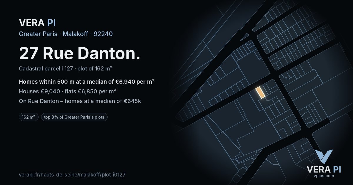 27 Rue Danton, Malakoff at night – the plot lit, the parcels around coloured by the prices near them