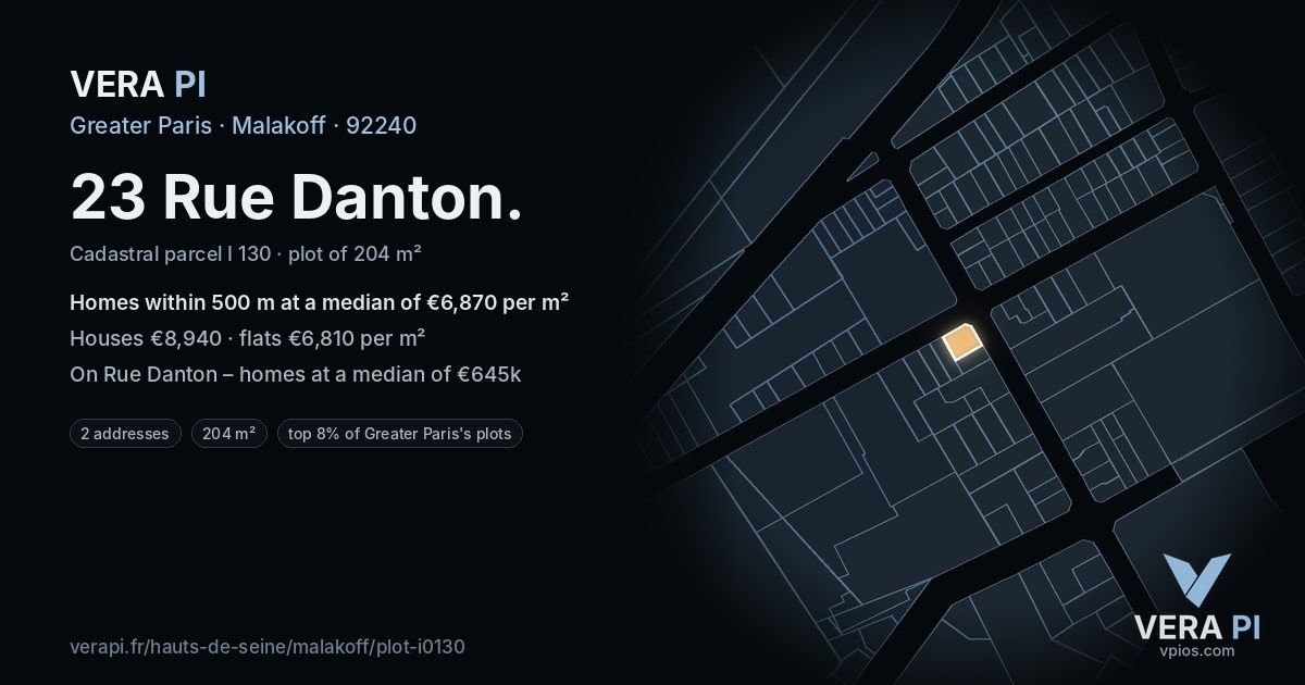 23 Rue Danton, Malakoff at night – the plot lit, the parcels around coloured by the prices near them