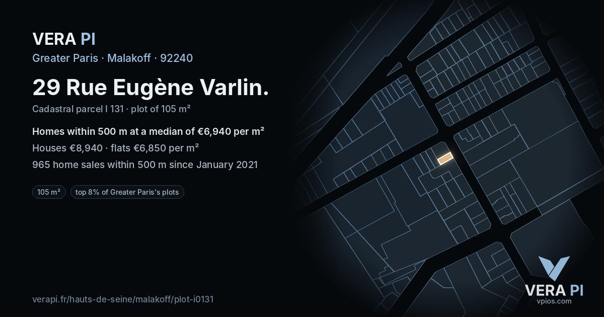 29 Rue Eugène Varlin, Malakoff at night – the plot lit, the parcels around coloured by the prices near them