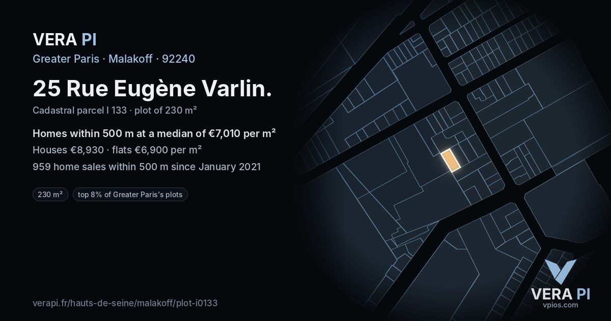 25 Rue Eugène Varlin, Malakoff at night – the plot lit, the parcels around coloured by the prices near them